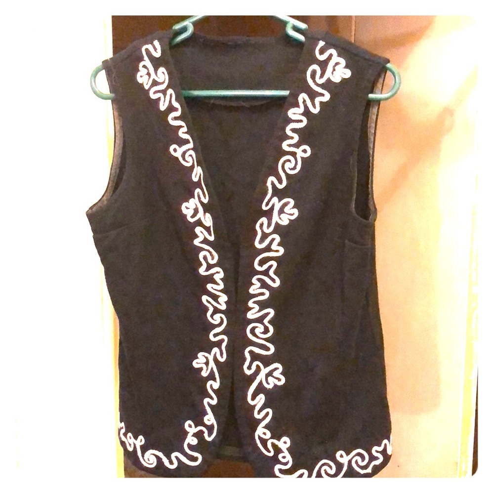 Black Wool Vest. With white embroidery